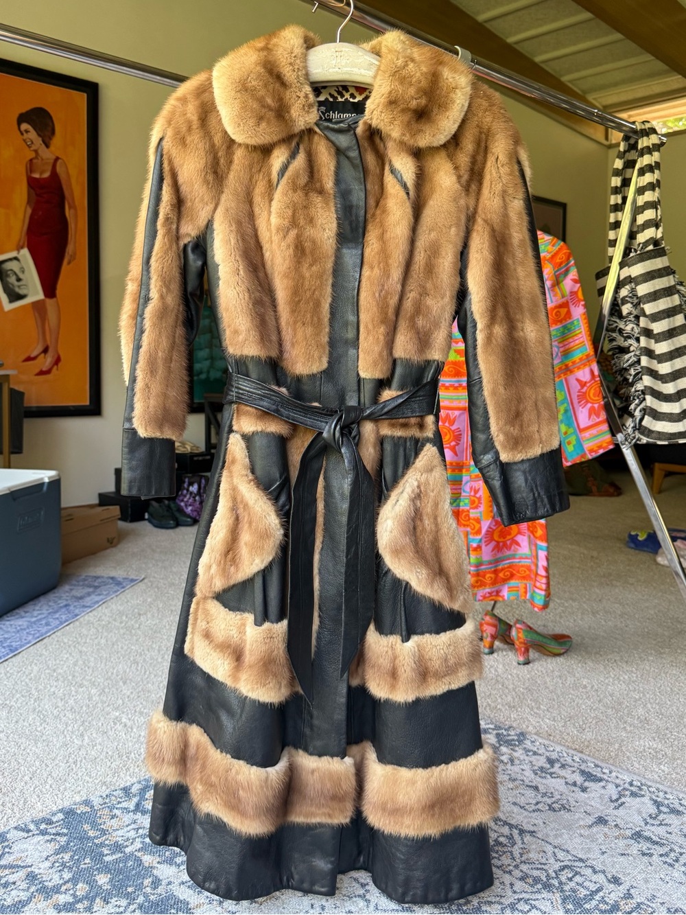70s VTG Mink & Leather Belted Trench Coat Jacket with pockets!
